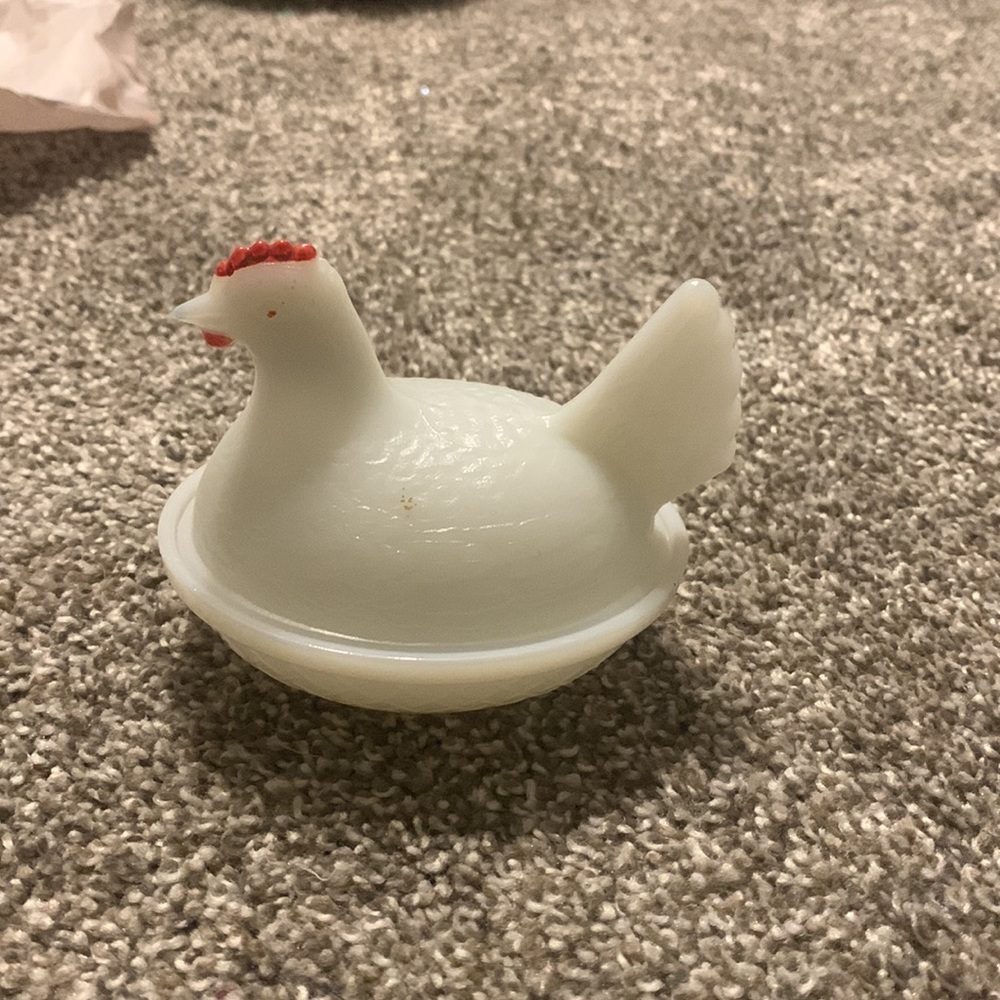 Vintage Miniature glass Hen on nest milk glass two piece candy dish no chips